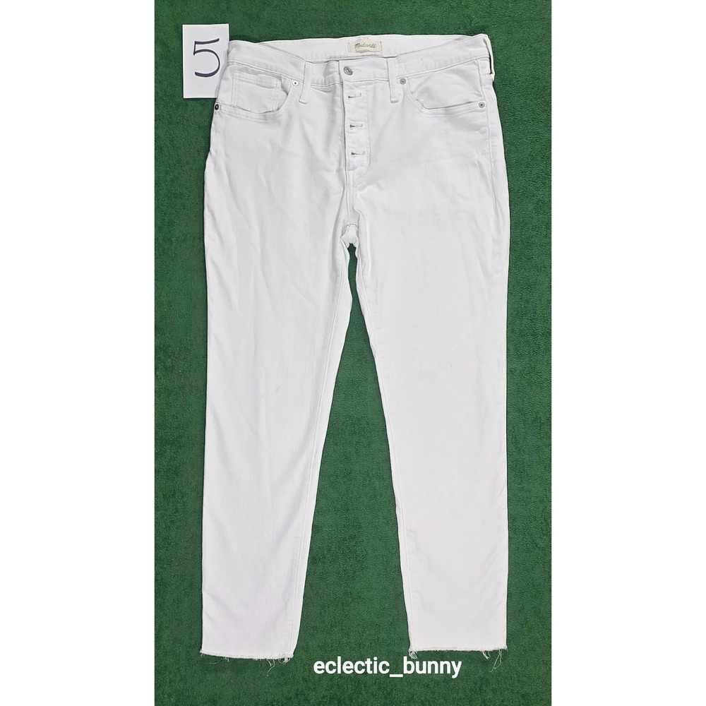 Madewell 9 Mid-Rise Skinny Jeans White Denim Button Fly Raw Hem Size 32